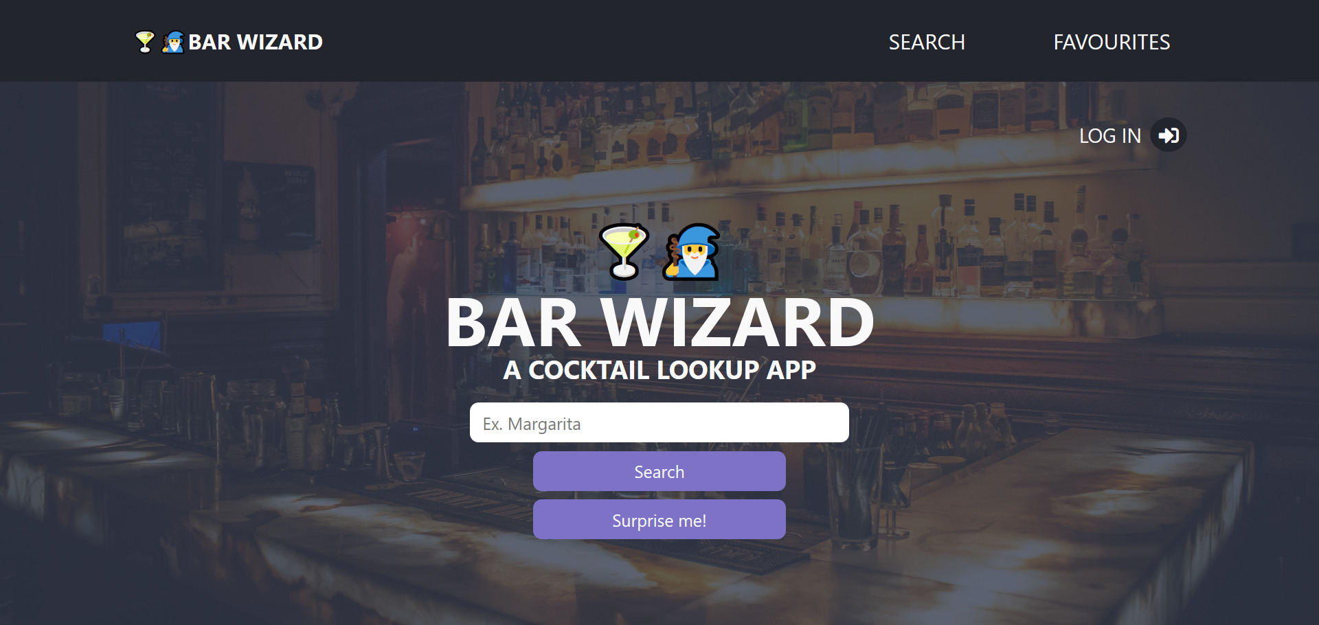 main homepage layout of Bar Wizard website